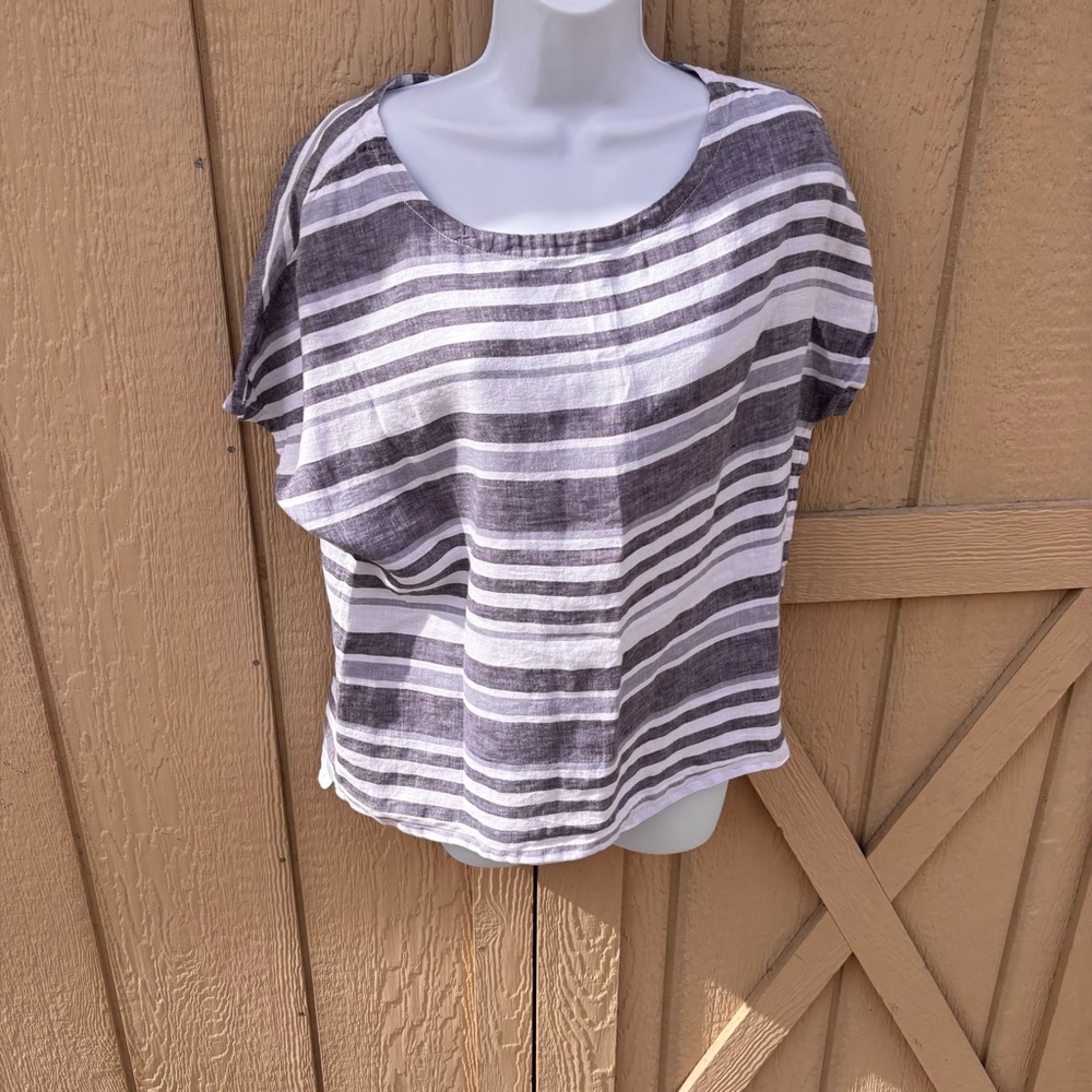 Artisan NY 100% Linen Grey, Blue, White Stripe Popover Blouse